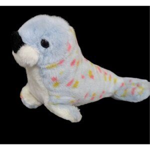 seal Plush stuffed animal ‎ blue pink yellow specked  spotted 11 inch